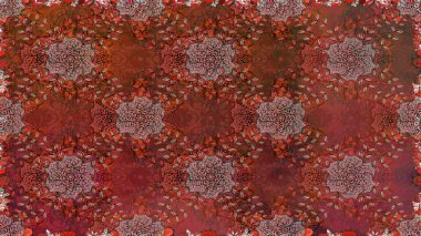 Çiçekli ipek eşarp. El çizimi çiçek unsurları olan soyut, dikişsiz raster deseni. 1950-1960 motifleri. Retro tekstil tasarım koleksiyonu. Kahverengi ve kırmızı üzerine kahverengi ve kırmızı.