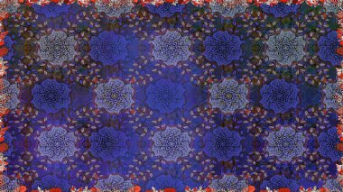 İşlemeli çiçekli, dikişsiz desen. Renkli grunge, soyut arkaplanı kolonya ve mavi çiçeklerle süslüyor. İzler, kumaş, duvar kağıtları, tekstil için raster dokusu.