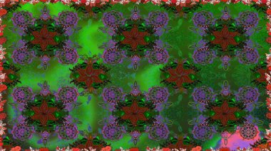 Raster illüstrasyonunda kusursuz çiçek deseni. Suluboya tarzında yeşil ve kahverengi renkte çiçekler.