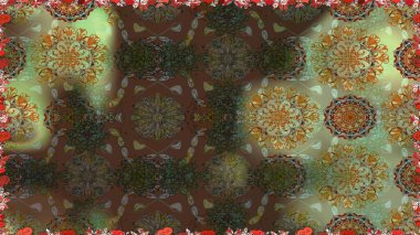Kahverengi ve yeşil renkli, parlak çiçekli, soyut, pürüzsüz desen. Çiçeksel elementlerle süslenmiş zarif raster dokusu. Küçük çiçekte şirin bir çiçek deseni var..