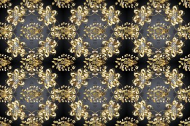 Dekoratif simetri arabesk. Kusursuz ortaçağ çiçek deseni. Gri, kahverengi ve bej renklerde altın. Raster illüstrasyonu. Doğum günü, davetiye ya da afiş için tebrik kartı.