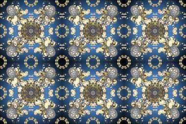 Mavi, gri, bej ve altın desenli. Klasik raster şablonu. Tekrarlayan ögelerle kusursuz soyut arkaplan.