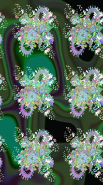 Yeşil renkli bitkilerden oluşan parlak çiçekli çizim deseni.