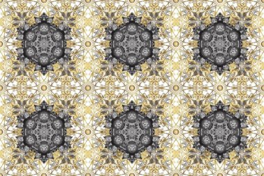 Noel, kar tanesi, yeni yıl. Gri, bej ve altın elementli nötr renklerde altın pürüzsüz desen. Gri, bej ve altın elementli nötr renklerde kusursuz vintage desen.