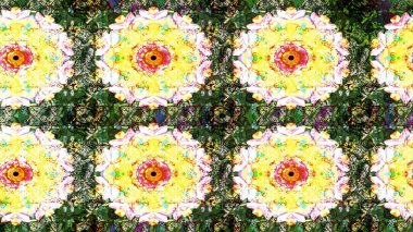 Çiçeksel elementlerle süslenmiş zarif raster dokusu. Küçük çiçekte hoş bir çiçek deseni var. Parlak çiçekli yeşil ve sarı renkler üzerine soyut çizim deseni.