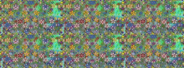 Çiçekli karalama şeklinde Raster çiçek deseni. Raster illüstrasyonu. Yumuşak, yaz çiçekleri yeşil renklerde.