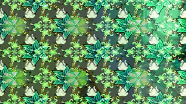 Retro tekstil tasarım koleksiyonu. Yeşil ve nötr yeşil ve nötr. Çiçekli ipek eşarp. El çizimi çiçek unsurları olan soyut çizim raster deseni. 1950 'ler-1960' lar motifleri.