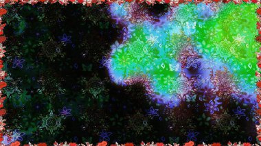 Raster illüstrasyonu. Siyah ve yeşil renklerde. 3D çiçekler, pürüzsüz.