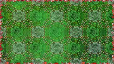 Çiçekli ipek eşarp. El çizimi çiçek unsurları olan soyut, dikişsiz raster deseni. 1950-1960 motifleri. Retro tekstil tasarım koleksiyonu. Yeşil ve nötr yeşil ve nötr.