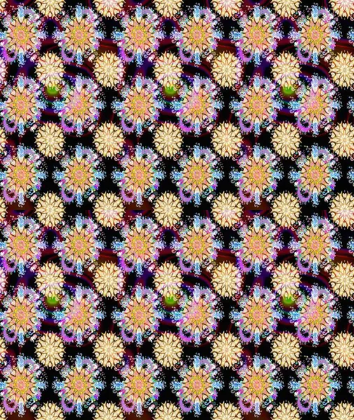 Düz Çiçek Elementleri Tasarım Raster illüstrasyonu. Çiçeksiz desenli arka plan. Renkli Bahar Temalı Kusursuz Arkaplan. Siyah ve bej renkli çiçekler.