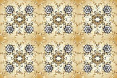 Klasik oryantal desen bej, gri ve nötr renkler üzerinde. Damask pürüzsüz süsü. Geleneksel raster ve altın desen.