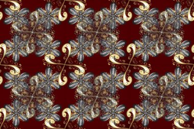 Damask pürüzsüz yineleme kalıbı. Antika altın tekrarlanabilir duvar kağıdı. Barok tarzında altın çiçekli süs. Kahverengi, gri ve kırmızı renklerde altın element.