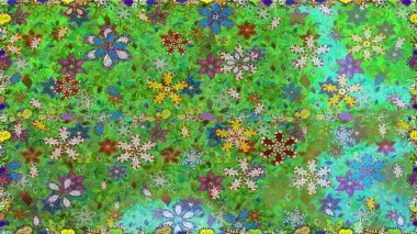 Çok yeşil ve mavi zarif küçük çiçekler ve yeşil ve mavi renkli komik böcekler, raster desen, illüstrasyon.