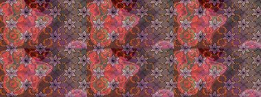 Elle boyanmış suluboya, dikişsiz çiçekler ve bitkiler. Kahverengi ve pembe renkte çiçekler.