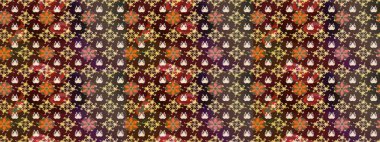 Kahverengi ve bej renkli Asya tekstili. Raster illüstrasyonu. Çiçeklerle suluboya desenleri.