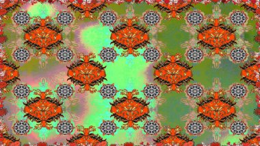 Kusursuz çiçek deseni. Raster illüstrasyonu. Yeşil ve kahverengi renkli çiçekler. Renkli Bahar Temalı Kusursuz Arkaplan. Düz Çiçek Elementleri Tasarımı. Asya tekstil tarzında.