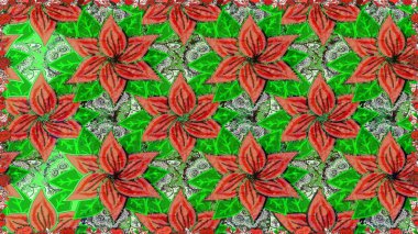 Renkli şal desenli, yeşil ve turuncu çiçekli ve dekoratif elementli kusursuz desen. Kusursuz bir geçmişi var. Raster illüstrasyonu. Kumaş, tekstil, duvar kağıdı baskısı için. Antika retro tarzı.