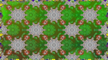 Raster illüstrasyonunda kusursuz çiçek deseni. Yeşil ve gri renkli çiçekler. Renkli Yaz Temalı Kusursuz Arkaplan. Düz Çiçek Elementleri Tasarımı.