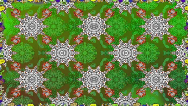 Raster illüstrasyonunda kusursuz çiçek deseni. Yeşil ve gri renkli çiçekler. Renkli Yaz Temalı Kusursuz Arkaplan. Düz Çiçek Elementleri Tasarımı.