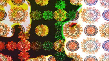 Parlak renkli fantezi çiçekleri, yapraklar, gri ve kahverengi renkli tomurcuklar, gri ve kahverengi. Suluboya el çizimi elementli çiçek çizimi deseni.