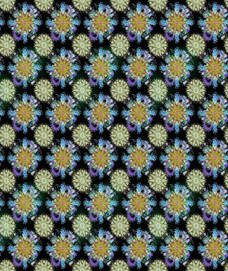 Çok renkli ve nötr küçük çiçekler ve siyah ve nötr renklerdeki komik böcekler, raster desen, illüstrasyon.