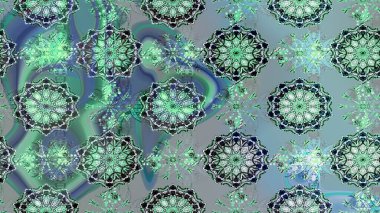 Mavi ve yeşil renklere karalamalar çizilmiş çiçek deseni. Raster illüstrasyonu.