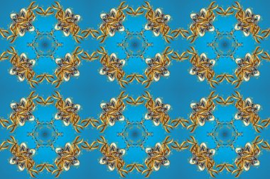 Mavi, kahverengi ve bej renklerde altın kar taneleri. Sembol bayramı, yeni yıl kutlamaları, altın desenler. Kış kar dokusu duvar kağıdı. Noel altın kar taneleri kusursuz desen.