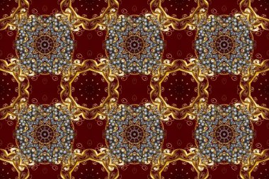 Kahverengi ve kırmızı renklerde Royal retro. Altın şablon. Kusursuz desenli altın elementler. Raster illüstrasyonu. Kart, duvar kağıdı, ambalaj ve tekstil için klasik tasarım. Çiçeksel klasik doku.