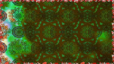 Raster illüstrasyonu. Şirin çiçekli kusursuz desen ve yeşil ve kahverengi renkli yapraklar, suluboya çiçek deseni, duvar kağıdı, kart veya kumaş için fayanslı.