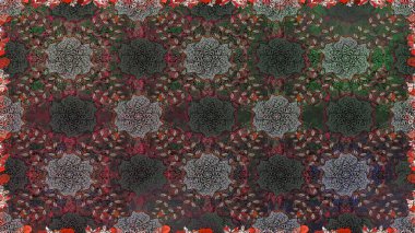 Parlak renkli çiçekleri ve gri ve kahverengi renkte yaprakları olan şaşırtıcı, pürüzsüz çiçek deseni. Moda baskıları için zarif bir şablon. Modern çiçek arkaplanı. Halk stili.