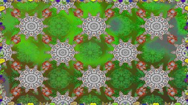 Çiçekli, suluboya desenli kusursuz çiçek deseni. Yeşil ve gri renkte çiçekler. Renkli Bahar Temalı, dikdörtgen desenli arka plan. Düz Çiçek Elementleri Tasarım Raster illüstrasyonu.