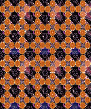 Raster illüstrasyonunda kusursuz çiçek deseni. Turuncu ve siyah renkte çiçekler.