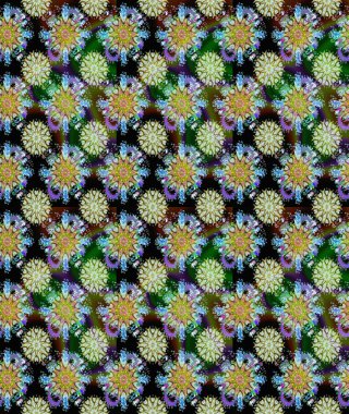 İşlemeli çiçekli, dikişsiz desen. Renkli grunge, koloni ve yeşil çiçeklerle soyut bir arka plan oluşturur. İzler, kumaş, duvar kağıtları, tekstil için raster dokusu.