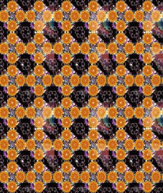 Siyah ve turuncu renklerde çiçek desenleri yok, el yapımı papatyalar, papatyalar. Tekrarlayan çiçek arkaplanı, zarif siyah ve turuncu çiçek duvar kağıdı.