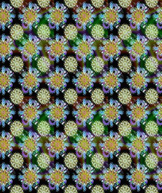 İşlemeli çiçekli, dikişsiz desen. Renkli grunge, koloni ve yeşil çiçeklerle soyut bir arka plan oluşturur. İzler, kumaş, duvar kağıtları, tekstil için raster dokusu.