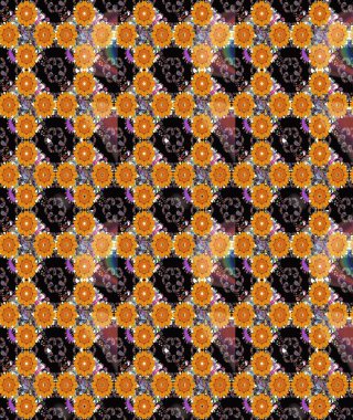 Siyah ve turuncu renklerde çiçek desenleri yok, el yapımı papatyalar, papatyalar. Tekrarlayan çiçek arkaplanı, zarif siyah ve turuncu çiçek duvar kağıdı.