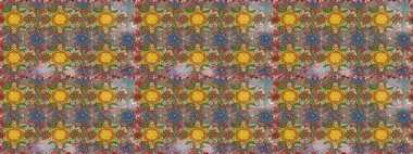 Kahverengi ve bej renkli çiçekler. Düz Çiçek Elementleri Tasarımı. Renkli Bahar Temalı Kusursuz Arkaplan. Raster illüstrasyonu. Kusursuz çiçek deseni. Asya tekstil tarzında.