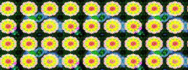 Düz Çiçek Elementleri Tasarımı. Raster illüstrasyonunda kusursuz çiçek deseni. Sarı ve mavi renkte çiçekler. Renkli Bahar Teması Kusursuz Arkaplan.