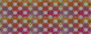 Raster - stok. Kusursuz bir arka plan modeli. Yapraklı çiçekler ve kahverengi renkli papatya çiçekleri..