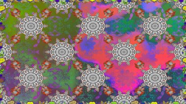 Ağaç dallı bahar çiçekleri ile desen, gri ve çiçek silueti ile yeşil renkler. Raster deseni.