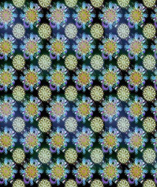 Elle boyanmış suluboya, dikişsiz çiçekler ve bitkiler. Mavi ve nötr renkte çiçekler.