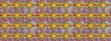 Renkli Bahar Temalı Kusursuz Arkaplan. Süslü kumaş deseni. Düz Çiçek Elementleri Tasarımı. Raster illüstrasyonunda kusursuz çiçek deseni.