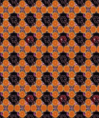 Raster Güzel kumaş deseni. Raster suluboya deseni, narin çiçekler, turuncu ve siyah çiçekler, tebrik kartı şablonu..