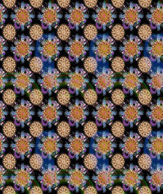 Karalama çiçeği. Raster illüstrasyonu. Renkli Bahar Temalı Kusursuz Arkaplan. Güzel kumaş deseni. Düz Çiçek Elementleri Tasarımı. Zentangle soyut çiçekleri.