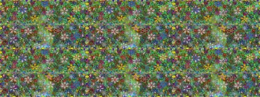 Çok yeşil zarif küçük çiçekler ve yeşil renkli komik böcekler, raster desen, illüstrasyon.