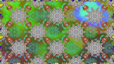 Yeşil ve gri renkli çiçekler. Raster illüstrasyonunda kusursuz çiçek deseni.