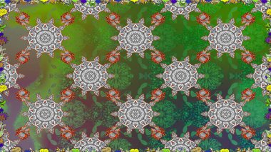 Yeşil ve gri renklerde bahar çiçekleri. Çiçekli, pürüzsüz bir desen. Raster illüstrasyonu. Raster çiçekleri klasik tarzda resmedilir..