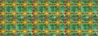 El çizimi çiçekli, pürüzsüz bir desen. Tekstil, kumaş, ambalaj, hatıra defteri için hoş bir çiçek arkaplanı. Yeşil ve kahverengi arka planda. Çocuksu tasarım.