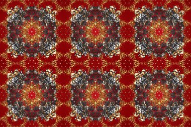 Noel, kar tanesi, yeni yıl 2019. Kırmızı, kahverengi ve gri renklerde, altın elementlerle kusursuz klasik desen.