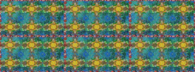 Retro tekstil tasarım koleksiyonu. Çiçekli ipek eşarp. Mavi maviye. El çizimi çiçek unsurları olan soyut, dikişsiz raster deseni. 1950 'ler-1960' lar motifleri.